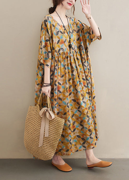 Baggy Yellow O-neck Wrinkled Leaf Print Linen Ankle Dress Half Sleeve