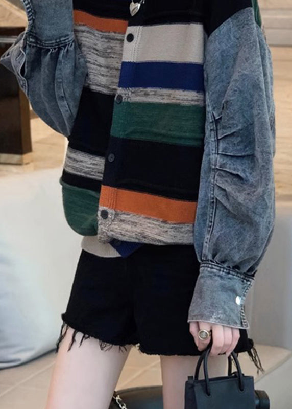 Colorblock Denim Patchwork Knitted Sweater Coat Autumn and Winter