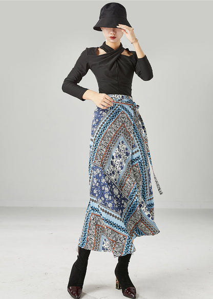 Style Blue Print Asymmetrical Design Chiffon Skirt Summer