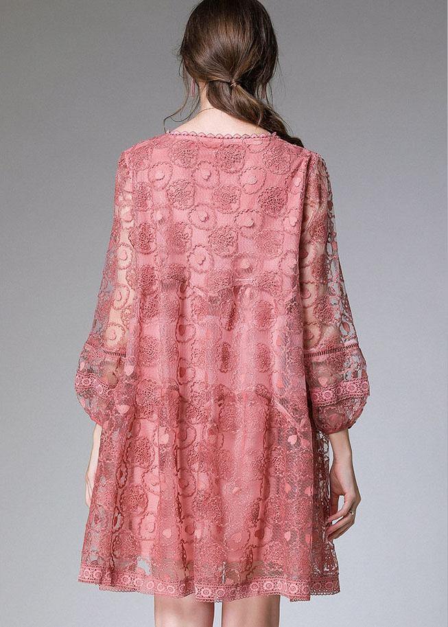 Classy Pink Spring Lace Party Dress Long Sleeve