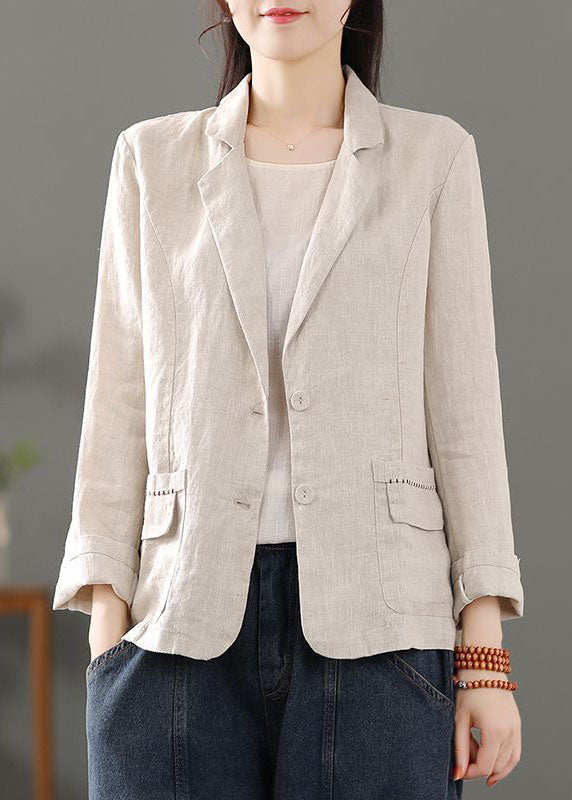 Beige Pockets Patchwork Button Linen Coats Spring