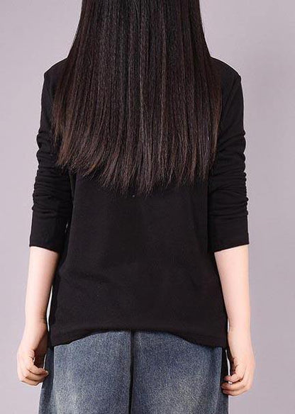 French High Neck Spring Top Silhouette Pattern Black Shirts