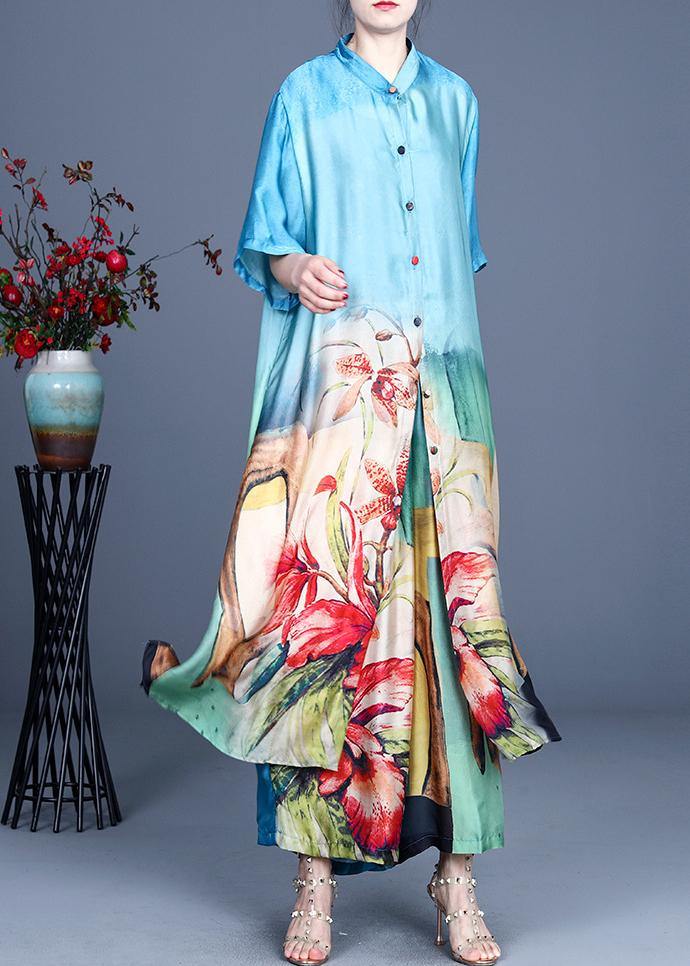 Blue Print Long Silk Two Pieces Set Summer