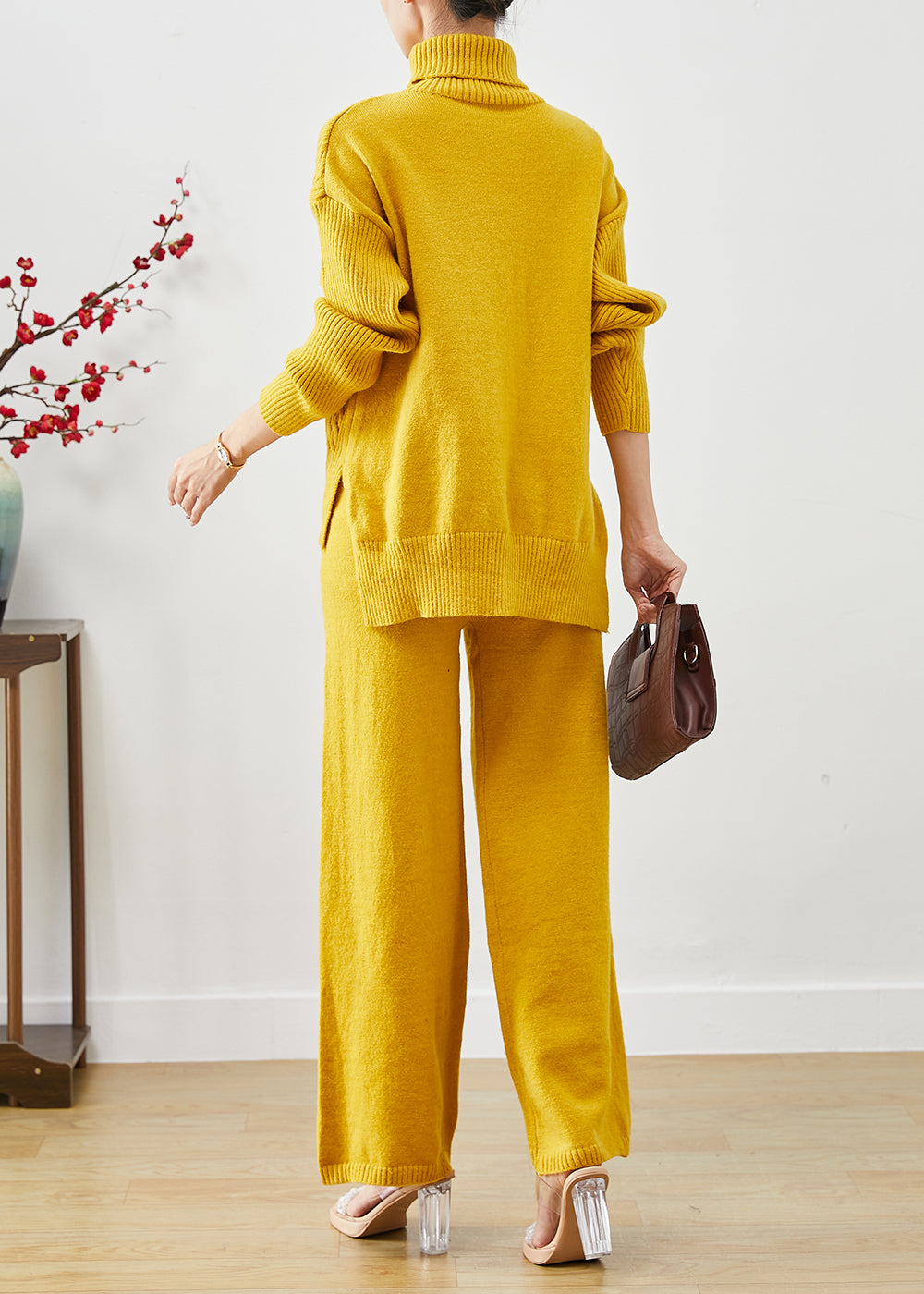 Yellow Turtle Neck Warm Knit Two Pieces Set Fall