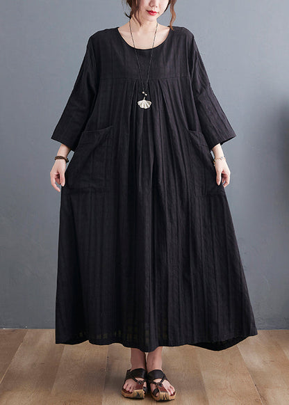 Loose Black O-neck Patchwork Pockets Maxi Dress Bracelet Sleeve