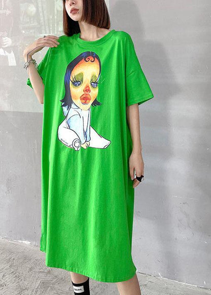 Boutique Green Character Pattern Side Open Long Dress