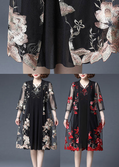 Yellow Embroideried V Neck Tulle Cardigans and Tank Dress Two Piece Set Half Sleeve