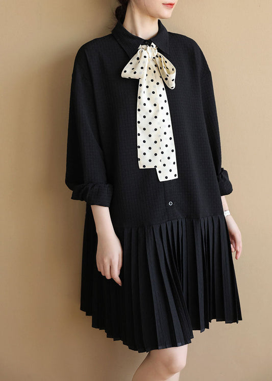 Black Peter Pan Collar Patchwork Plaid Bow Necktie Cotton Pleated Dress Long Sleeve