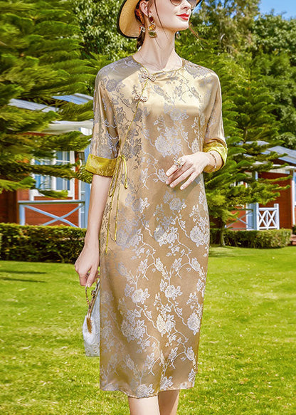 Purple Jacquard O-neck Print Silk Chinese Style Dress Half Sleeve