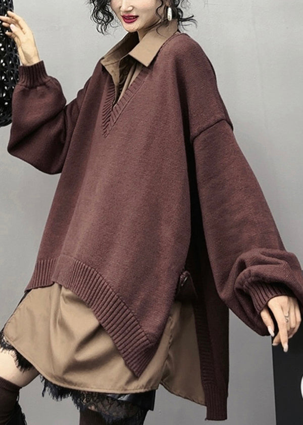 Brown Asymmetrical Patchwork Side Open Knit Dresses Spring
