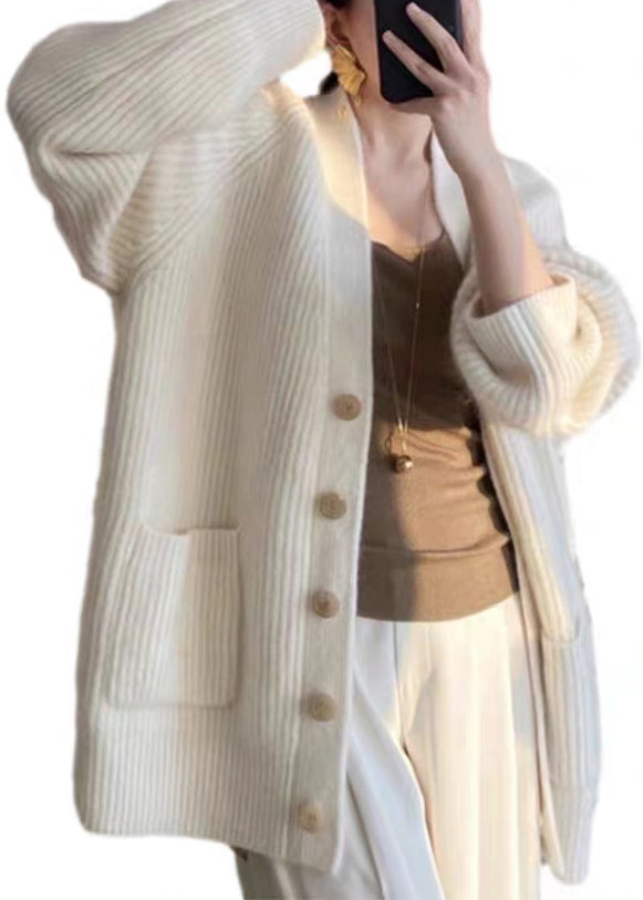 Beige V Neck Button Pockets Cotton Knit Coats Fall
