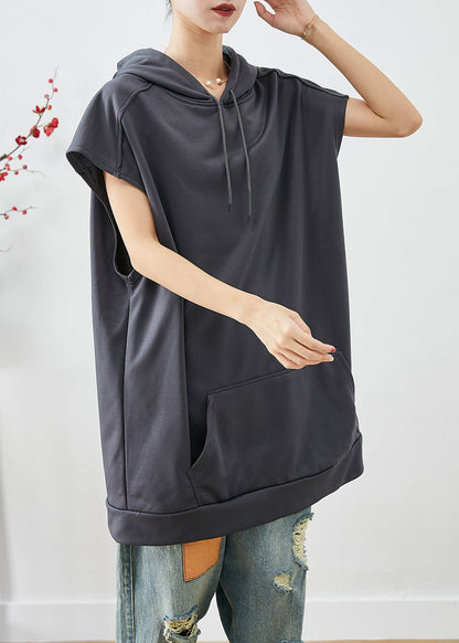 Grey Hooded Pockets Cotton Sweatshirts Tops Summer
