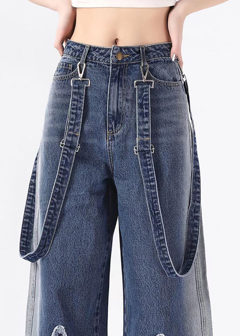Blue Pockets Patch Denim Straight Pants Spring