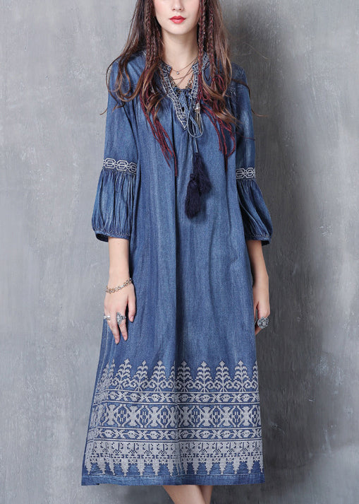 Blue V Neck Embroideried Cotton Vacation Dresses Lantern Sleeve