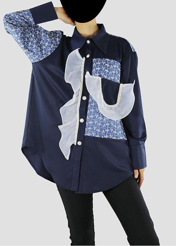 Black Blouses Ruffled Patchwork Button Pockets Spring