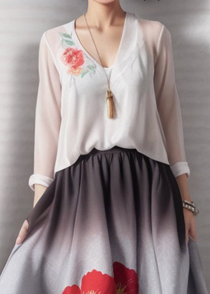 French White V Neck Print False Two Pieces Silk Dress Long Sleeve