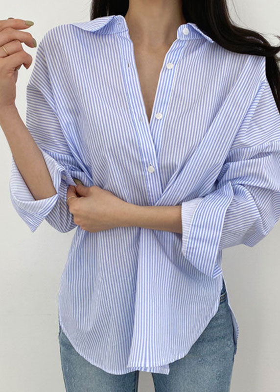Fine Blue Striped Button Wear on Both Sides Shirt Long Sleeve