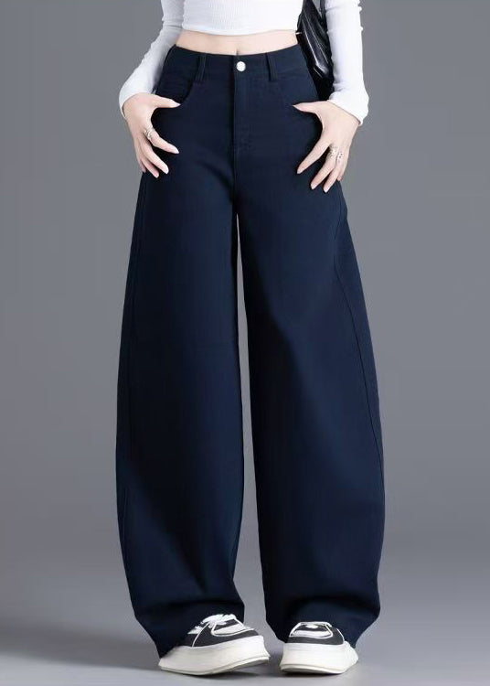 Navy Button Pockets Denim Wide Leg Pants High Waist