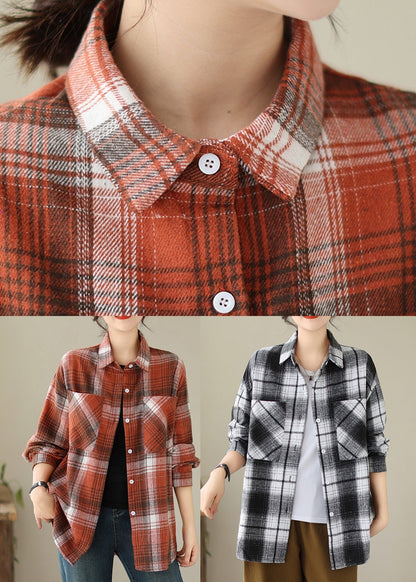 Black Pockets Plaid Cotton Shirts Coat Peter Pan Collar Fall