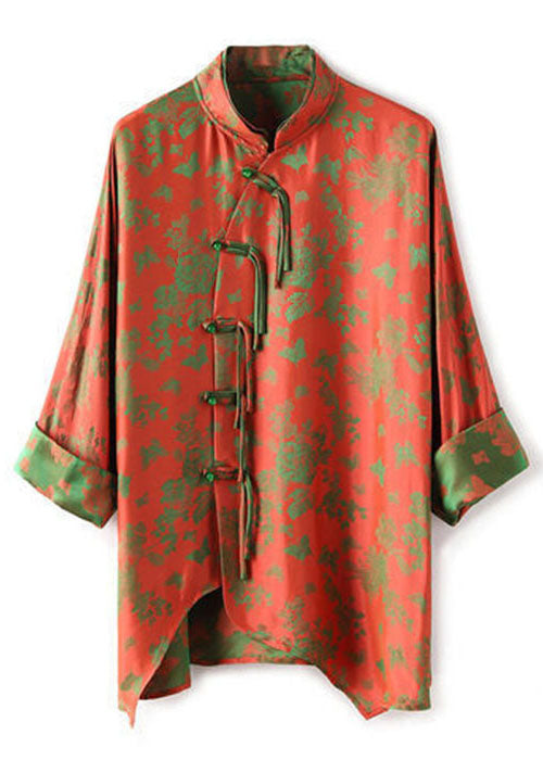 Art Pink Crane Double-layer Collar Asymmetrical Jacquard Silk Shirt Top Fall