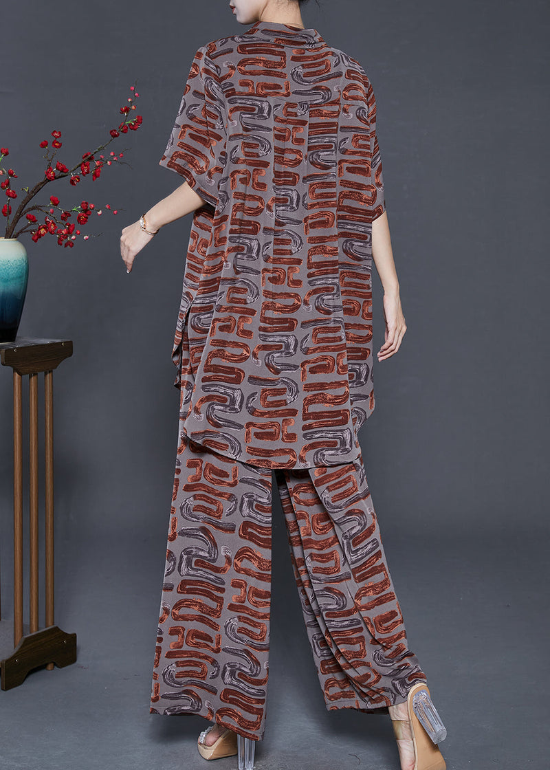 Brown Print Chiffon Two Piece Set Clothing Notched Summer