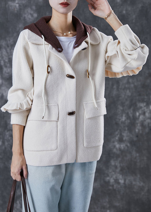 White Hooded Patchwork Ruffled Woolen Coats Spring