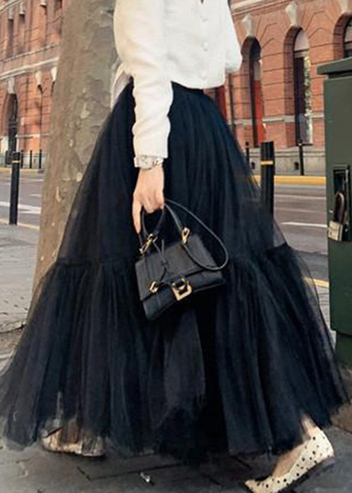 Italian Black High Waist Tulle Skirt Spring
