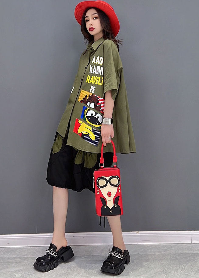 Novelty Army Green Character Applique Elastic Waist Drawstring Cotton Shirts and Shorts Two Pieces Set Summer