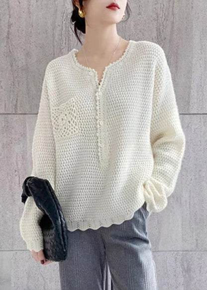 Simple Beige O Neck Hollow Out Button Patchwork Knit Top Fall