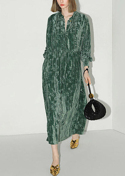 Chinese Style Green V Neck Print Silk Velvet Long Dress Lantern Sleeve