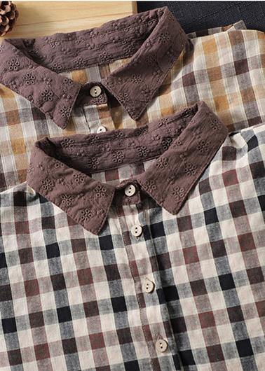Lapel Patchwork Spring Shirts Fabrics Lighe Orange Plaid Blouses