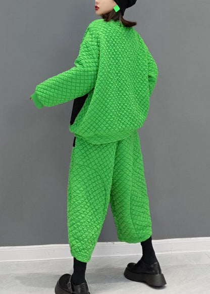 Green Pockets Patchwork Fine Cotton Filled Two Pieces Set Fall
