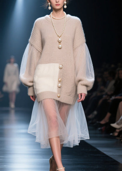 O Neck Tulle Patchwork Knit Long Sweater Fall