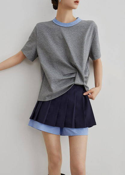French Grey O-neck Patchwork T Shirts and Navy Pants Skirt Cotton Two Piece Set Summer