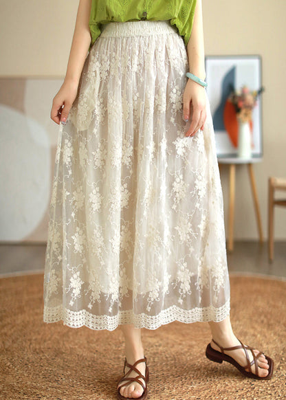 White Embroidered Lace Patchwork Tulle Pleated Skirt Summer