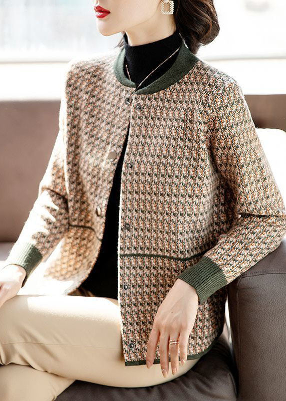 Army Green Patchwork Woolen Coats O-neck Pockets Long Sleeve