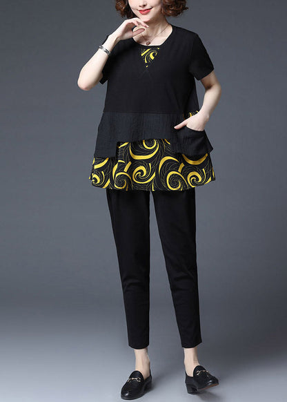Yellow Print Asymmetrical Patchwork Cotton Tops and Crop Pants Two Piece Set Summer