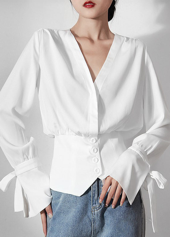 Original Design White V Neck Tunic Cotton Shirts Long Sleeve Spring