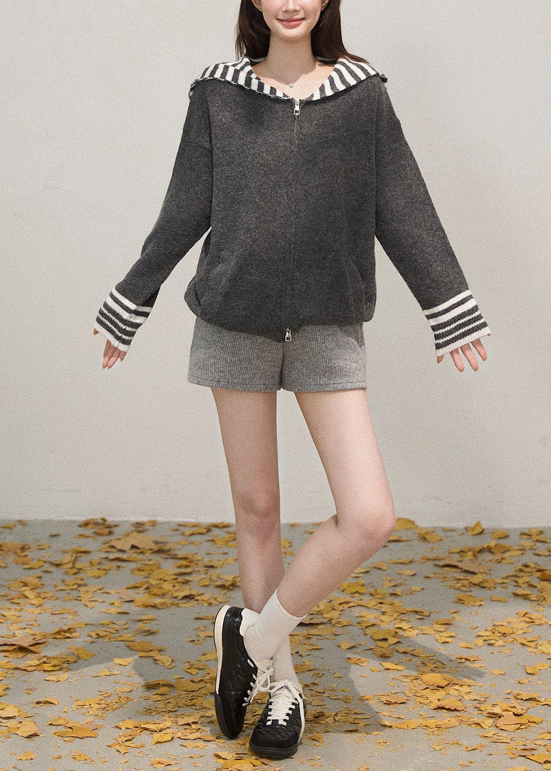 French Grey Zip Up Patchwork Shawl Knit Coats Winter