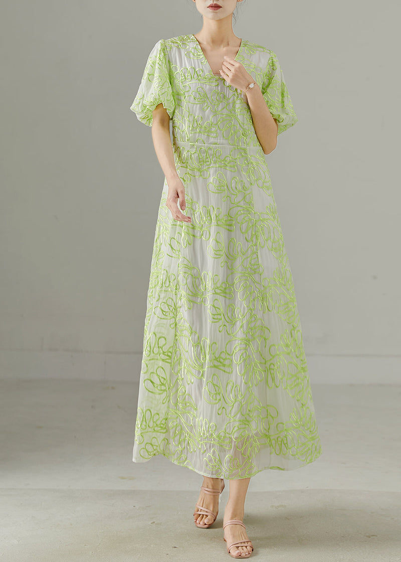 Fluorescent Green Embroidered Silk Holiday Dresses Summer