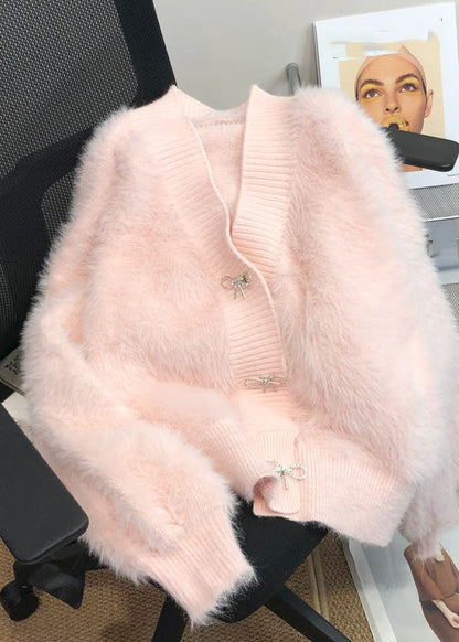 Pink V Neck Button Mink Hair Knitted Cardigan Spring