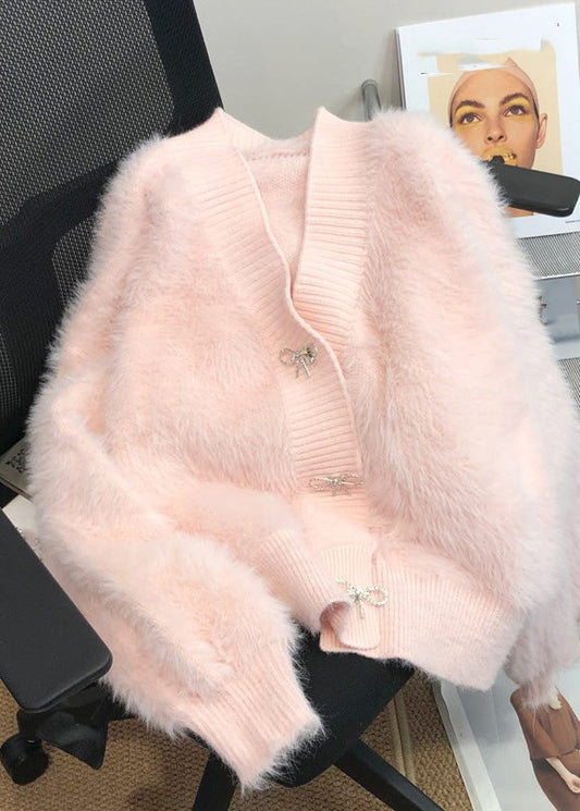 Pink V Neck Button Mink Hair Knitted Cardigan Spring