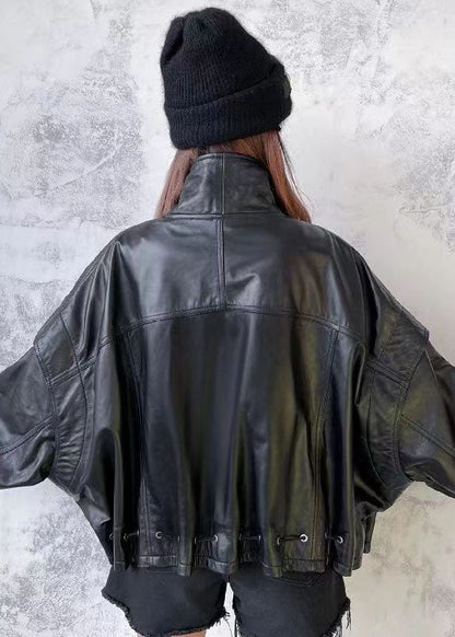 Unique Black Stand Collar Cinched Patchwork Faux Leather Jacket Fall