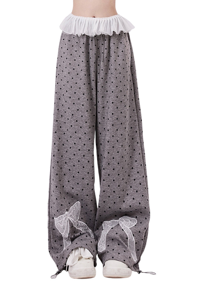 Grey Dot Bow Lace Patchwork Cotton Wide Leg Pants Spring