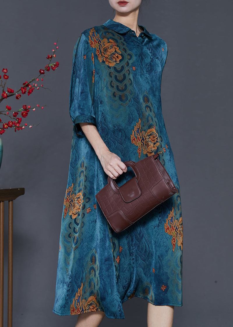 Blue Print Side Open Silk a Line Dress Summer