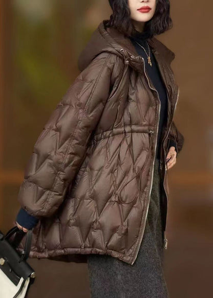 Coffee Hooded Drawstring Patchwork Cotton Coat Winter