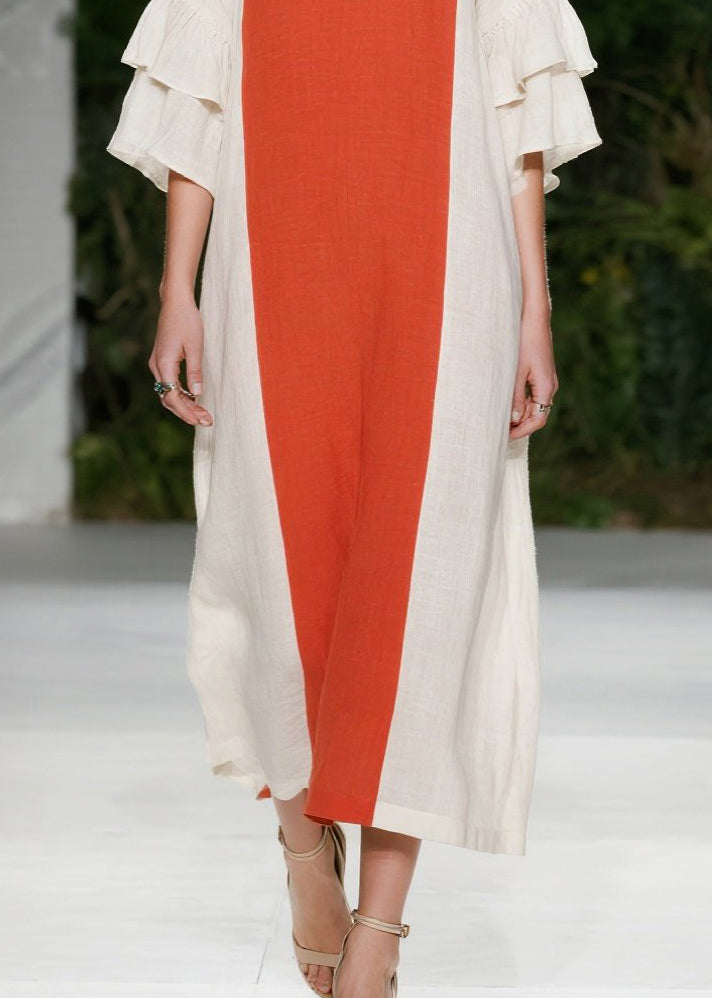 Orange Oversized Patchwork Cotton Maxi Dresses Flare Sleeve