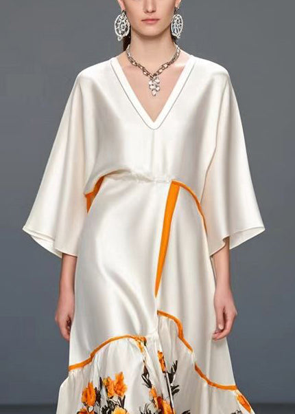 French White Oversized Print Silk Party Dress Bracelet Sleeve Summer