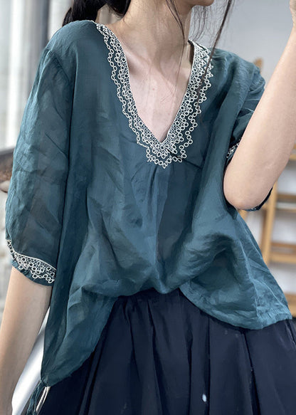 New Blue Embroidered Linen Blouses Summer