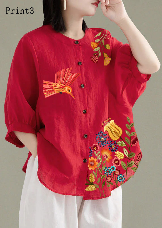 Art White Flowers O-neck Button Linen Loose Shirt Top Lantern Sleeve